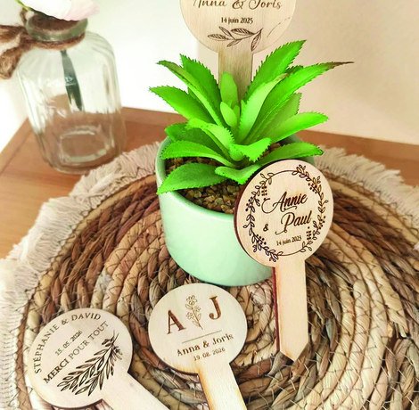 Lembrança de madeira com planta