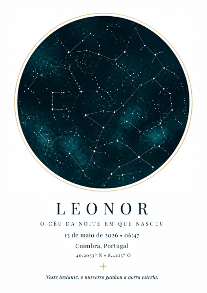 Poster de mapa de estrelas com círculo de céu azul-petróleo, estrelas e constelações; por baixo nome Leonor, data, hora, Coimbra e dedicatória. Exemplo ilustrativo, arte idêntica à edição Canva, moldura opcional.
