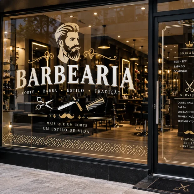 Montra de barbearia com vinil decorativo em dourado, horários e serviços