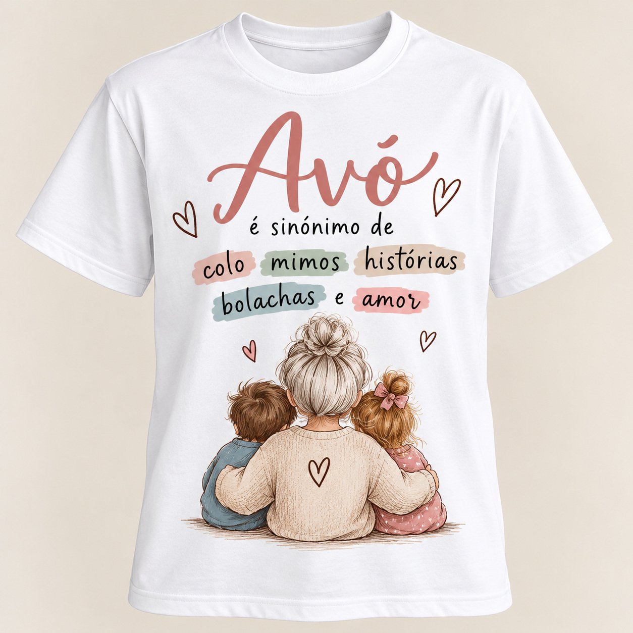 T-shirt Avó — Colo, Mimos, Histórias e Amor — exemplo da T-shirt branca personalizada The Cat’s