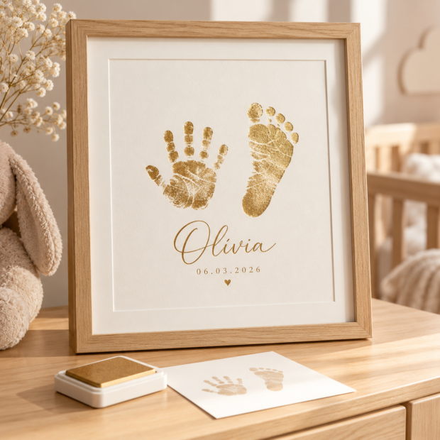 Exemplo ilustrativo: quadro personalizado com marcas verdadeiras de mãos e pés do bebé e acabamento em foil.