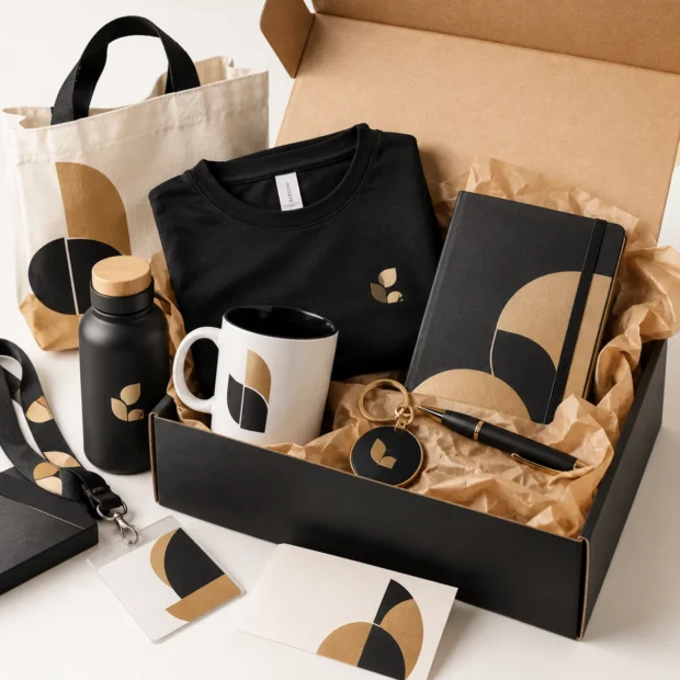 Imagem ilustrativa de um kit de boas-vindas com saco, têxtil, caneca e brindes
