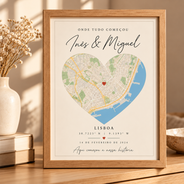 Exemplo ilustrativo de um quadro com mapa em coração e texto numa moldura de madeira natural. O mapa final é elaborado com as coordenadas da encomenda; a moldura é opcional.